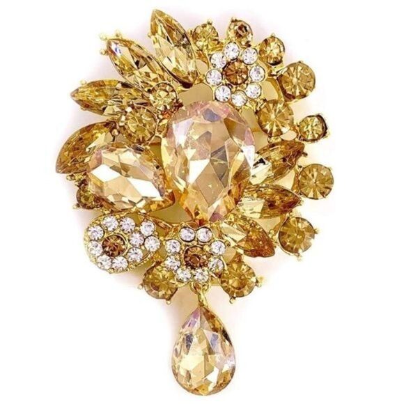 Yellow Gold with Champagne Topaz and Diamond Austrian Crystal Flower Brooch - Picture 1 of 5